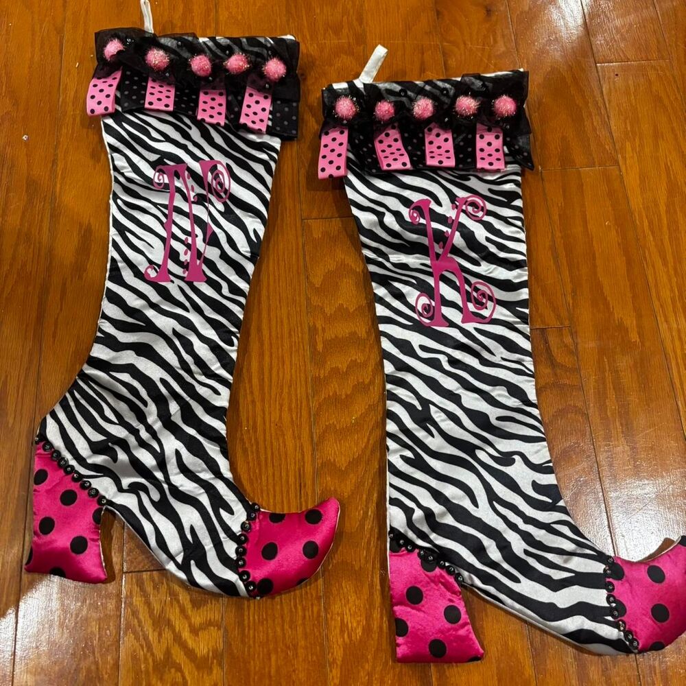 ZEBRA PRINT BOOTS Pink Black Knee High Stockings Glam Party Fashion Christmas B